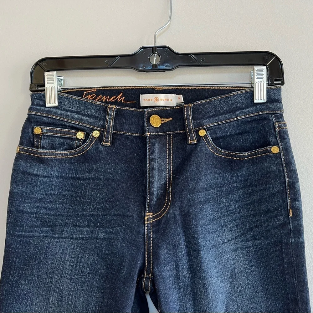 Tory Burch Pardon My French Mid-Rise Straight-Leg Denim Jean, Dark Blue Wash, 24